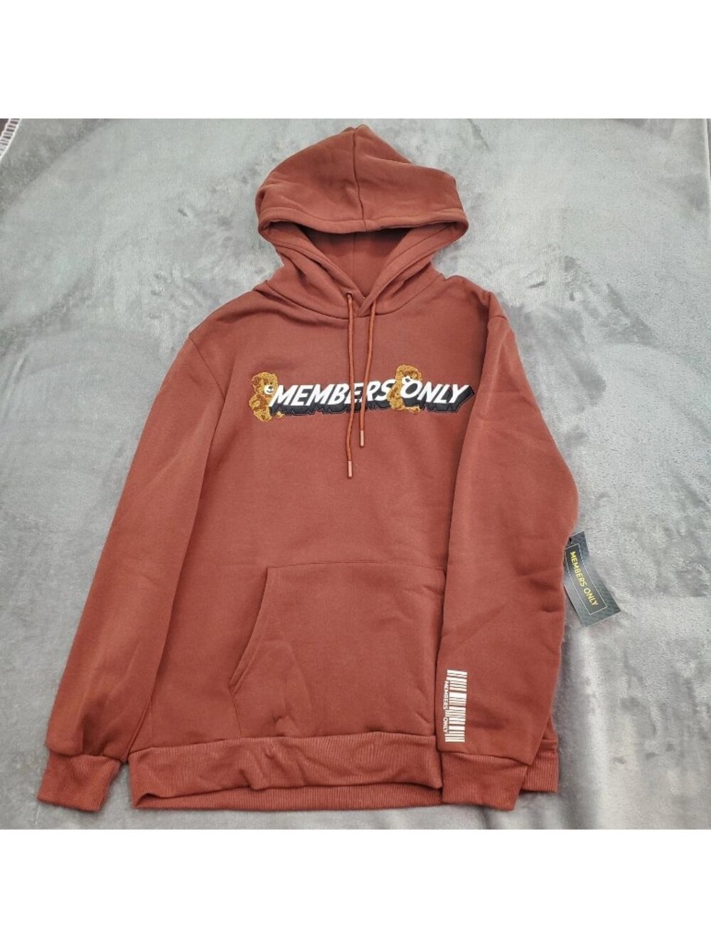 Mens MEMBERS ONLY Hoodie Size L Teddy Bear Keith Haring Brown Embroidered Back